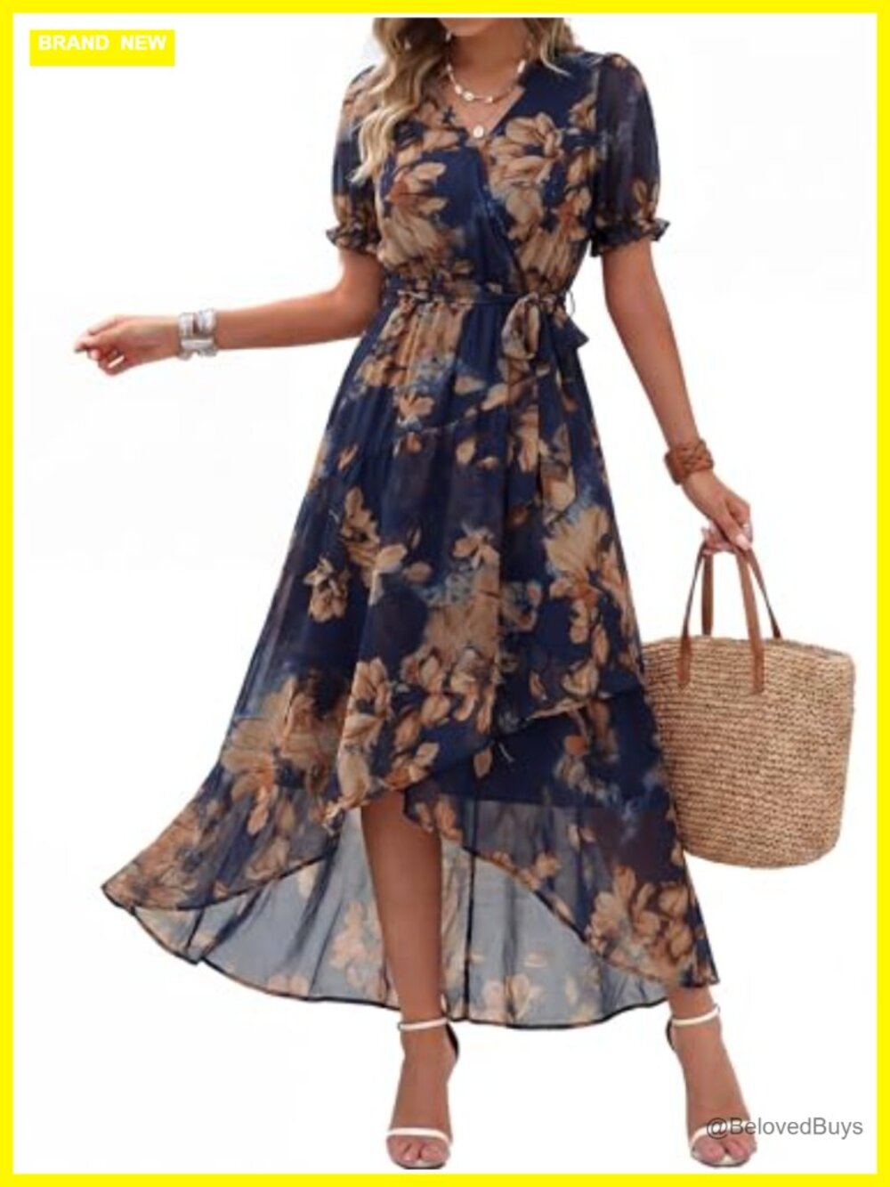 Womens Chiffon Floral Wrap Maxi Dress Puff Sleeve Wedding Guest